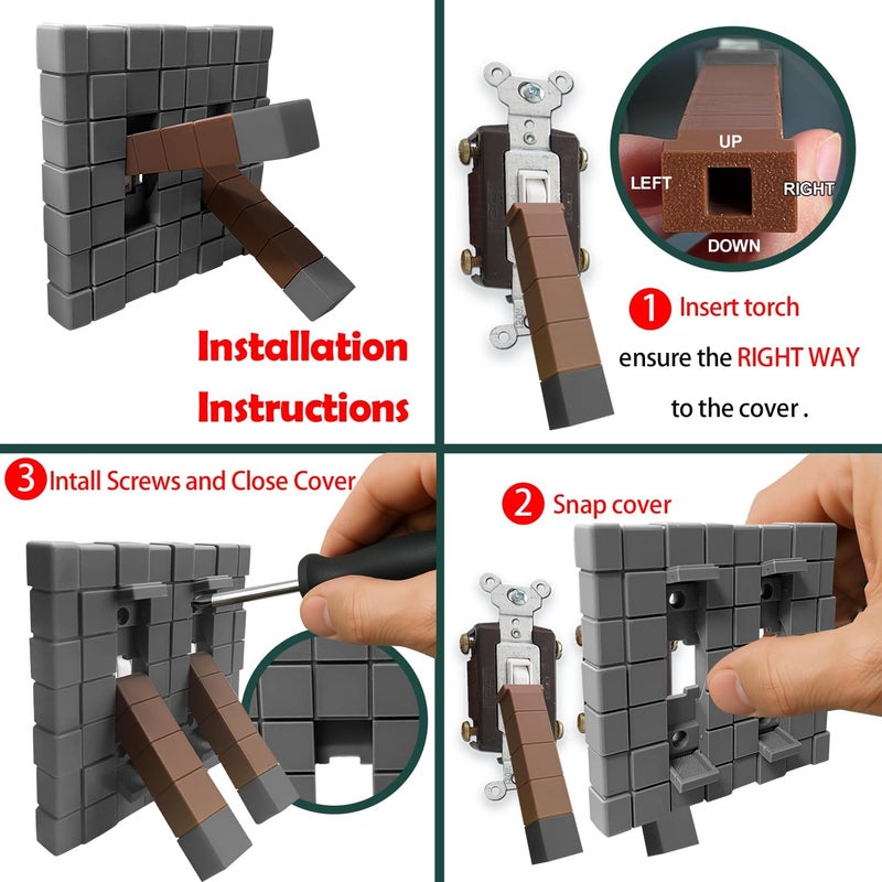 EumbHoa Pixel Block Light Switch Cover Plate, Double Gang Toggle, Screwless Flip Panel, 3D Gaming-Style Wall Decor, Two Interchangeable Levers,Gift for fans(Gray) - Image 4